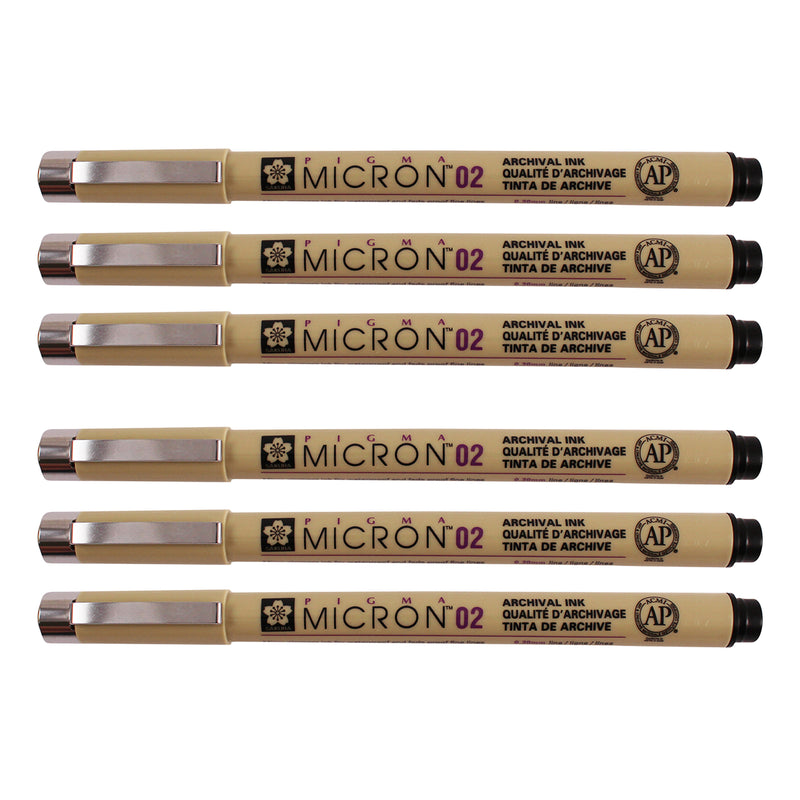 Pigma Micron Pen, Black, 0.30mm Size 02, Pack of 6