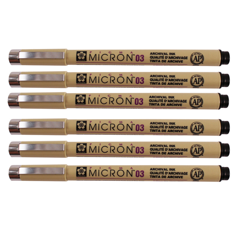 Pigma Micron Pen, Black, 0.35mm Size 03, Pack of 6