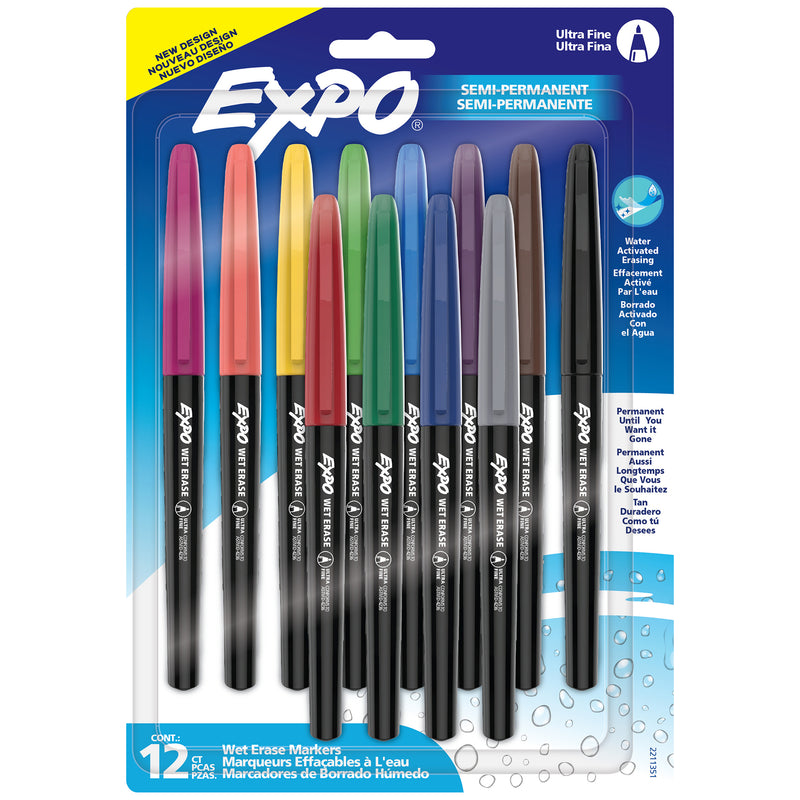 Vis-a-Vis Wet Erase Markers, Ultra Fine Point, Assorted, 12 Count