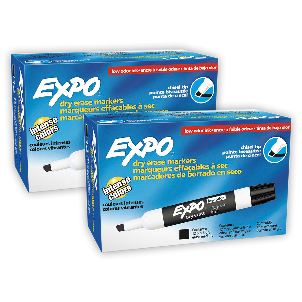 (2 Pk) Box Of 12 Blk Expo Dry Erase Low Odor Chisel Tip