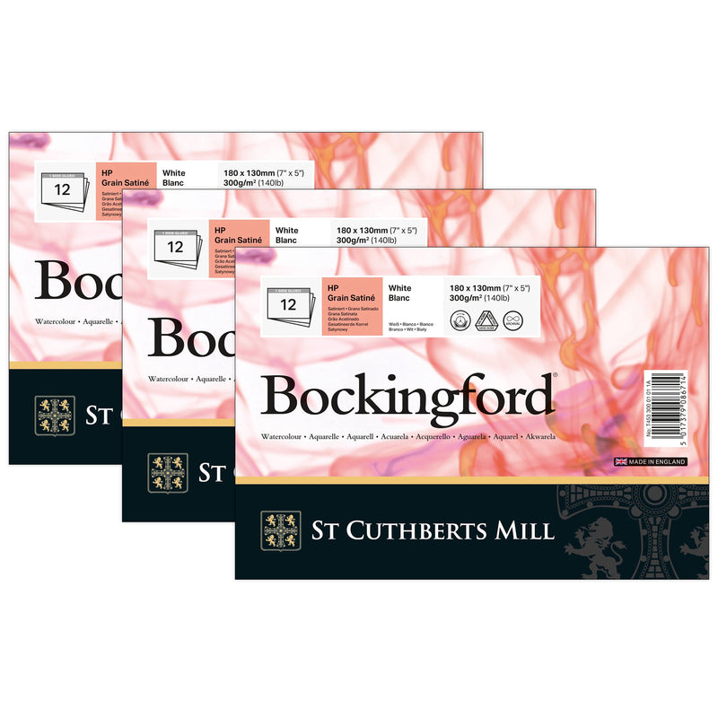 Bockingford Watercolor Pad, Hot Pressed, White, Glue Binding, 140lb/300gsm, 12 Sheet, 7x5 inch, Pack of 3