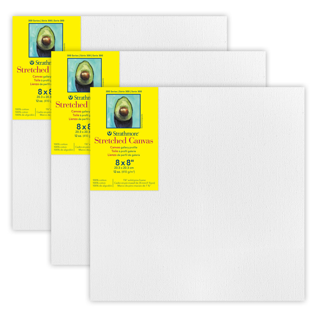 300 Series Gallery Stretched Canvas, 8x8 inch, Pack of 3