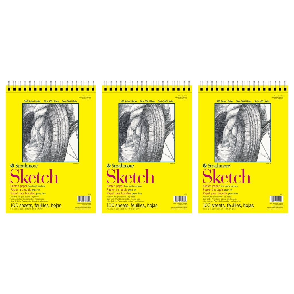 300 Series Sketch Pad, Side Wire Binding, 100 Sheets, 9x12 inch, Pack of 3
