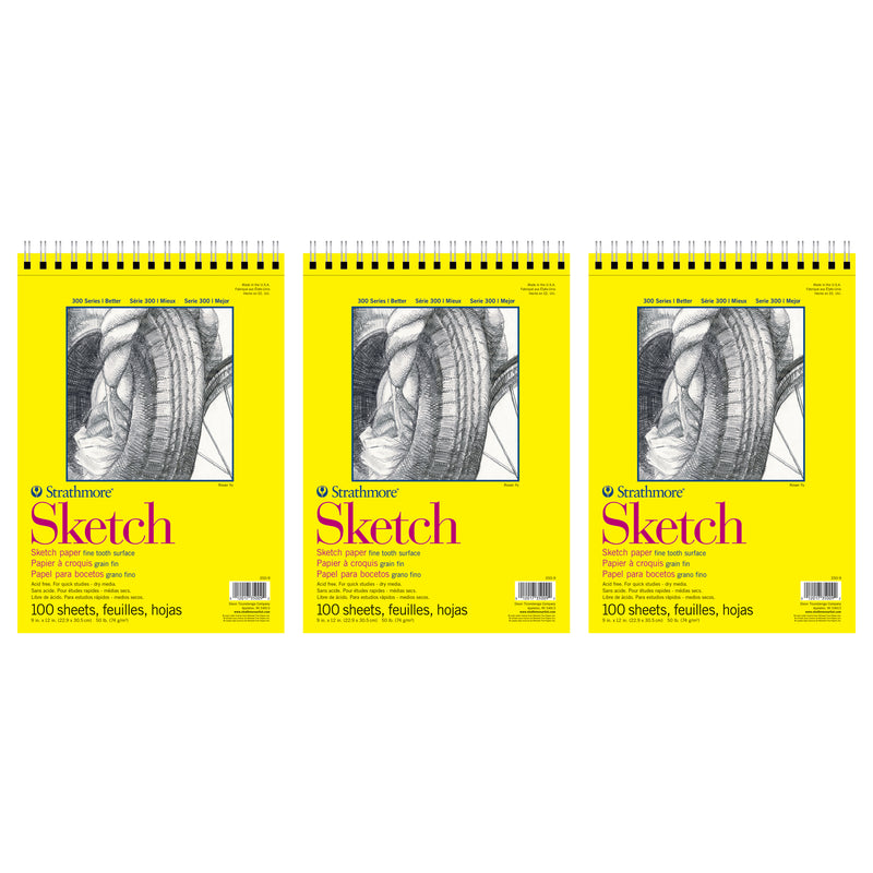 300 Series Sketch Pad, Side Wire Binding, 100 Sheets, 9x12 inch, Pack of 3