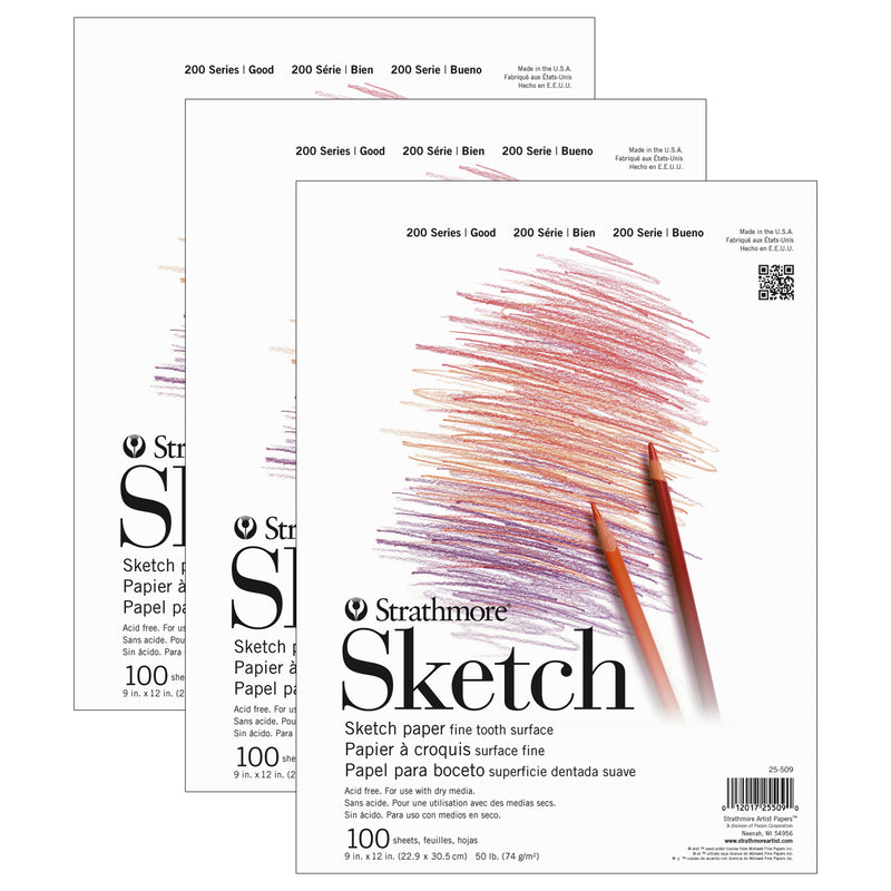 200 Series Sketch Pad, Tape Binding, 100 Sheet, 9x12 inch, Pack of 3
