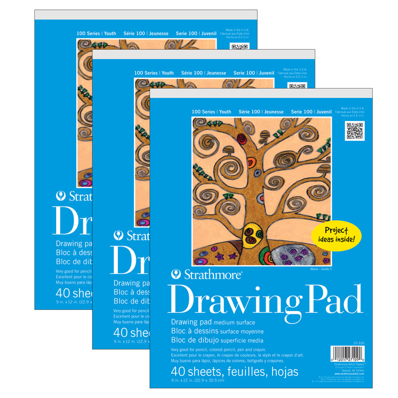 100 Series Drawing Pad, 40 Sheet, 9x12 inch, Pack of 3