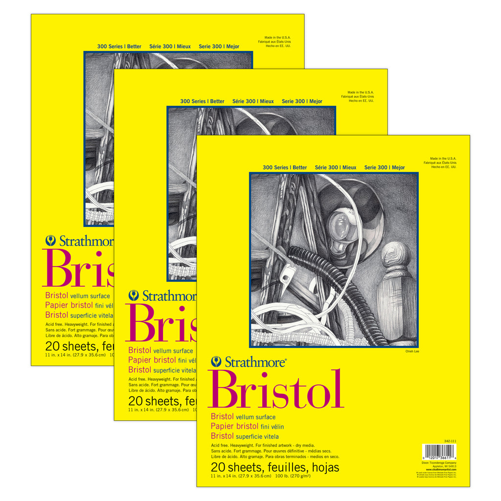300 Series Bristol Pad, Vellum Finish, Tape Binding, 20 Sheet, 11x14 inch, Pack of 3