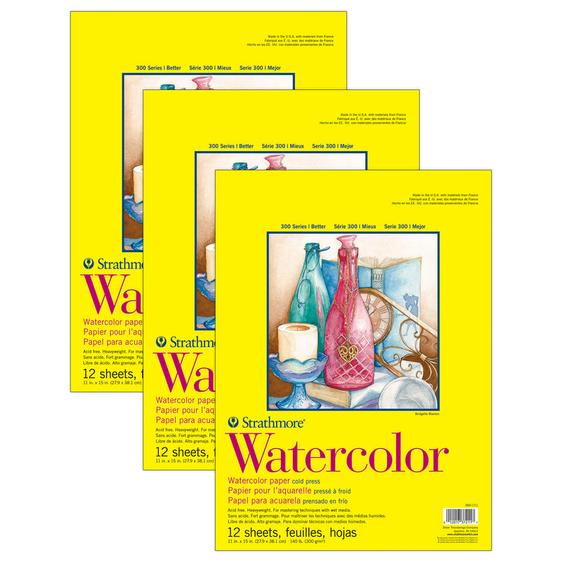 300 Series Watercolor Pad, Cold Pressed, Tape Binding, 12 Sheet, 11x15 inch, Pack of 3