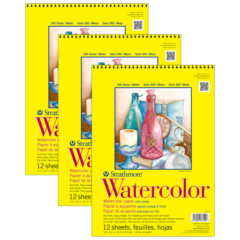 300 Series Watercolor Pad, Cold Pressed, Top Wire Binding, 12 Sheet, 9x12 inch, Pack of 3