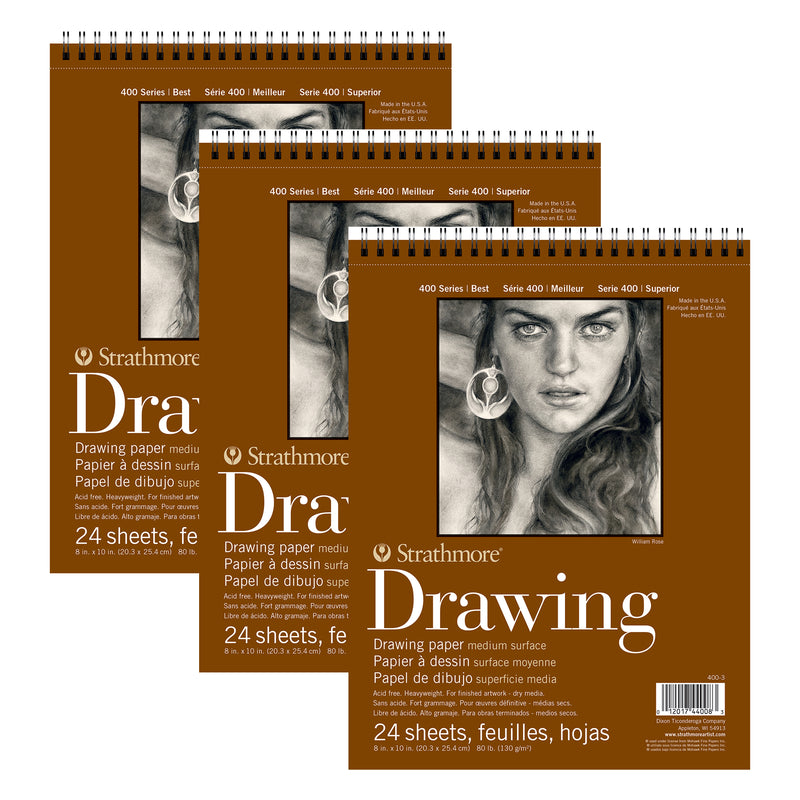 400 Series Drawing Pad, Smooth Finish, Wire Binding, 24 Sheet, 8x10 inch, Pack of 3