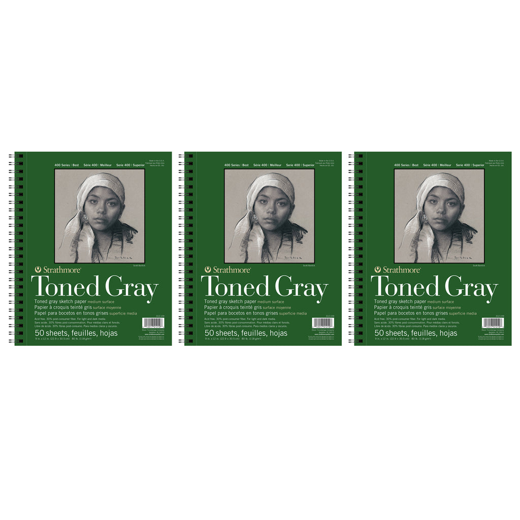 400 Series Sketch Pad, Recycled, Toned Gray, Side Wire Binding, 50 Sheet, 9x12 inch, Pack of 3
