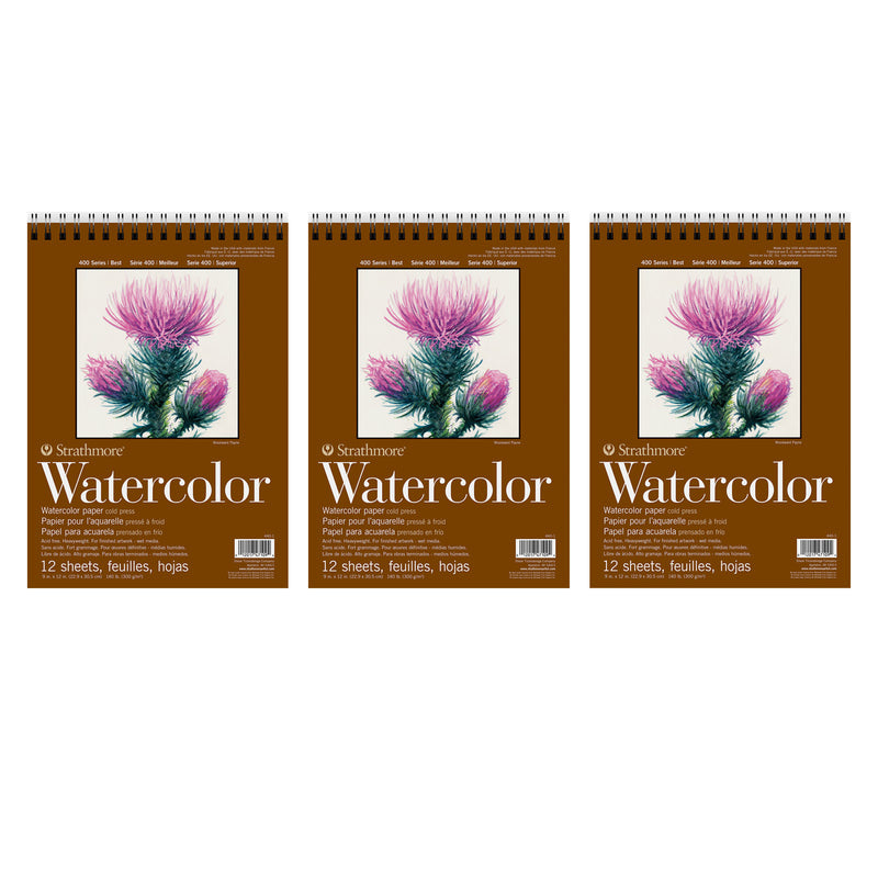 400 Series Watercolor Pad, Top Wire Binding, 12 Sheet, 9x12 inch, Pack of 3
