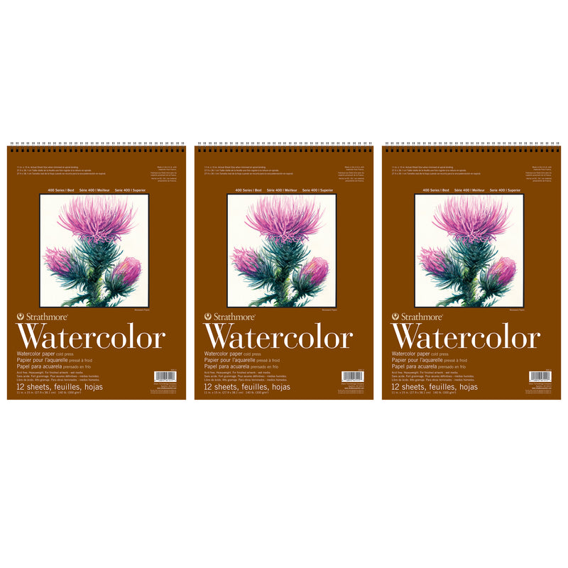 400 Series Watercolor Pad, Top Wire Binding, 12 Sheet, 11x15 inch, Pack of 3