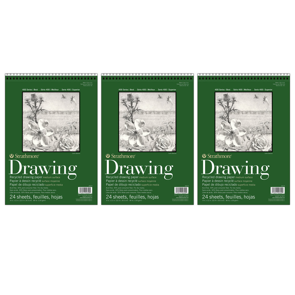 400 Series Drawing Pad, Recycled, Top Wire Binding, 24 Sheet, 9x12 inch, Pack of 3