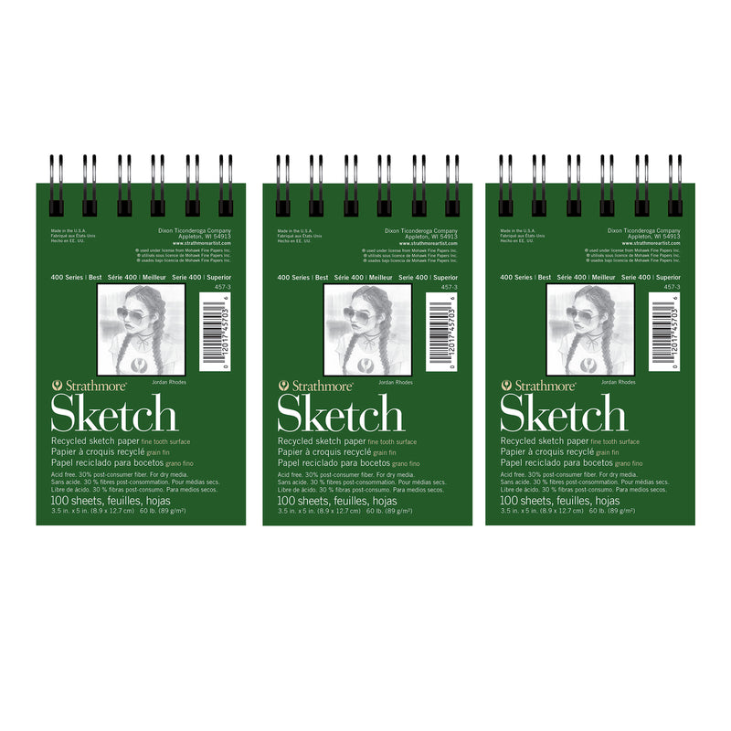 400 Series Sketch Pad, Recycled, Side Wire Binding, 100 Sheet, 3.5x5 inch, Pack of 3