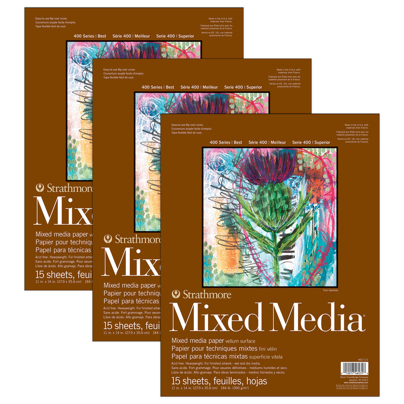 400 Series Mixed Media Pad, Glue Binding, 15 Sheet, 11x14 inch, Pack of 3