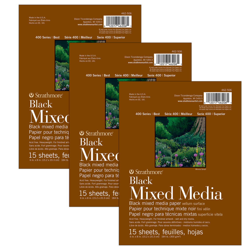 400 Series Mixed Media Pad, Black, Glue Binding, 15 Sheet, 6x8 inch, Pack of 3