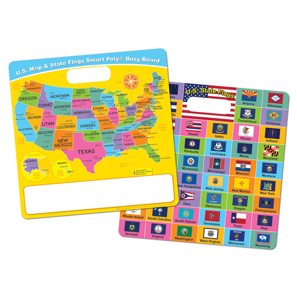 Smart Poly® Educational Activity Busy Board, Dry Erase with Marker, 10-3-4" x 10-3-4", US Map- State Flags