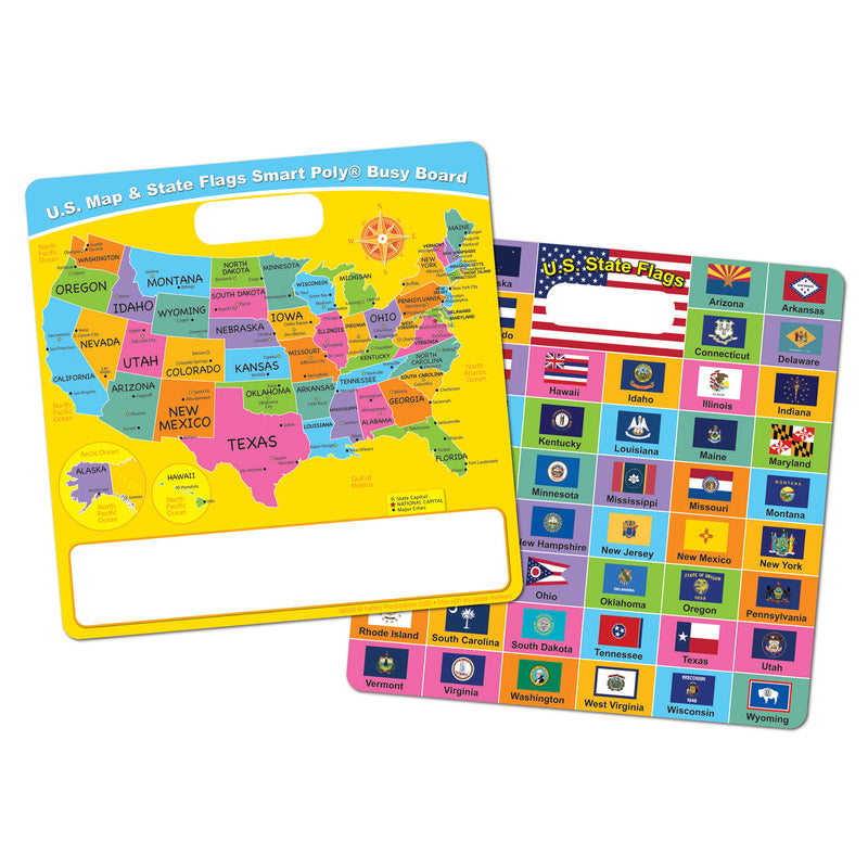 Smart Poly® Educational Activity Busy Board, Dry Erase with Marker, 10-3-4" x 10-3-4", US Map- State Flags