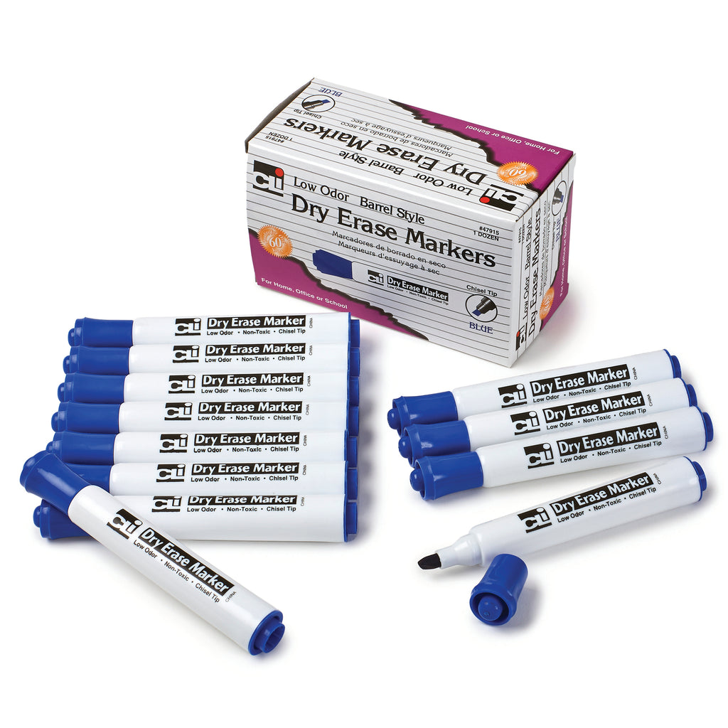 12ct Blue Chisel Tip Dry Erase Markers Barrel Style