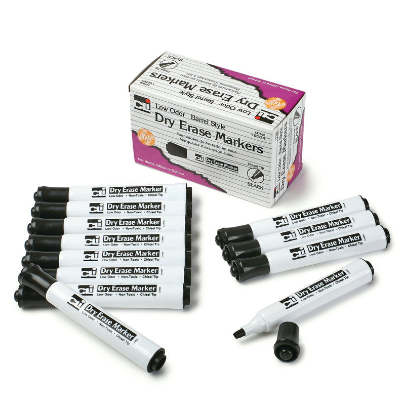 12ct Black Chisel Tip Dry Erase Markers Barrel Style