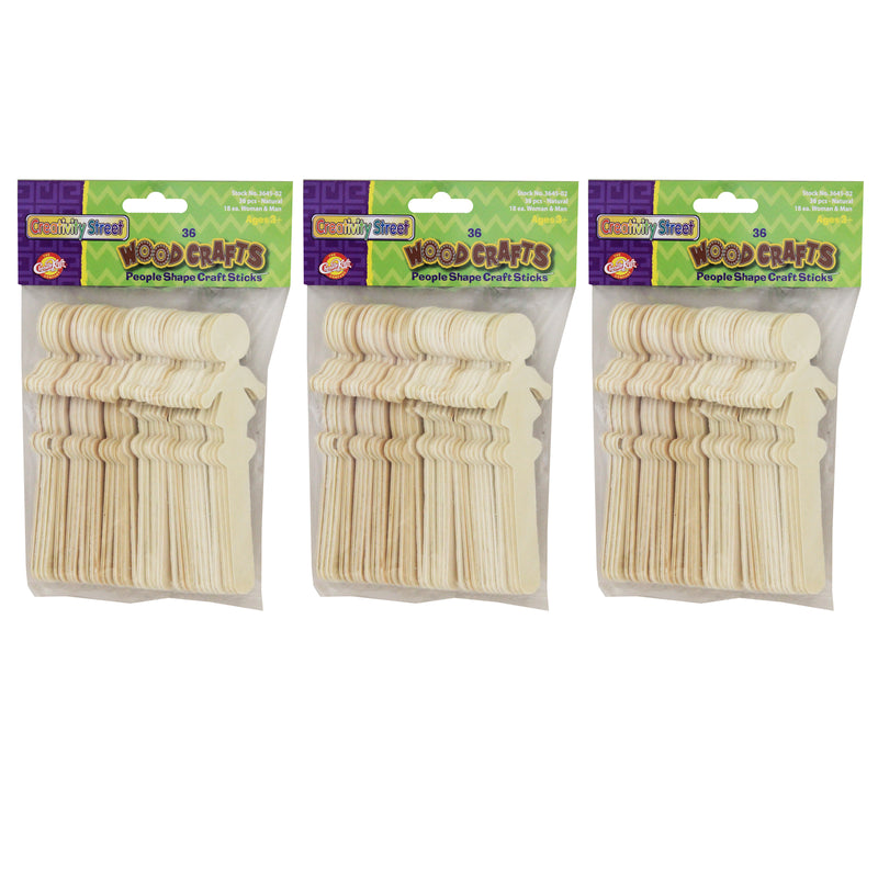 (3 Pk) People Shaped Wood Craft 36 Per Pk Sticks 18 Each Design