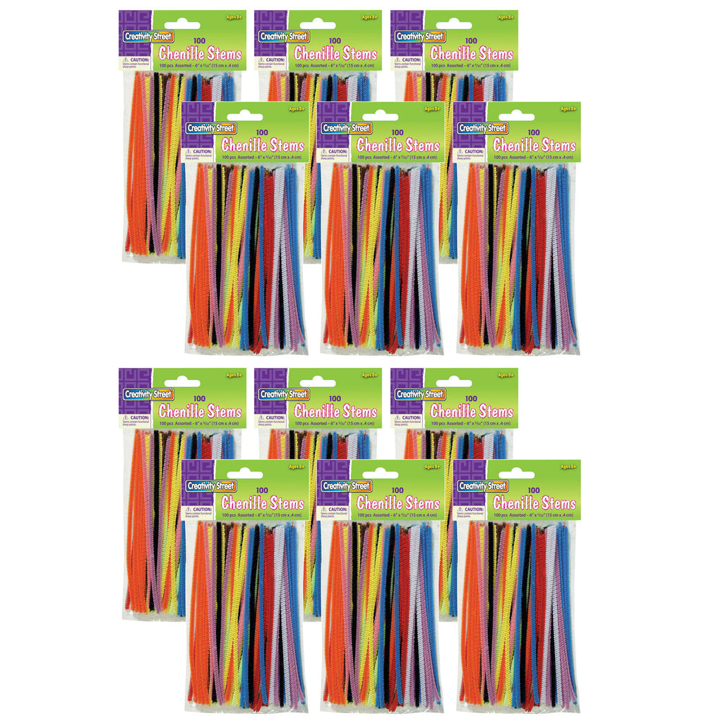 (12 Pk) Chenille Stems Asstd 6in Stems 100 Per Pk