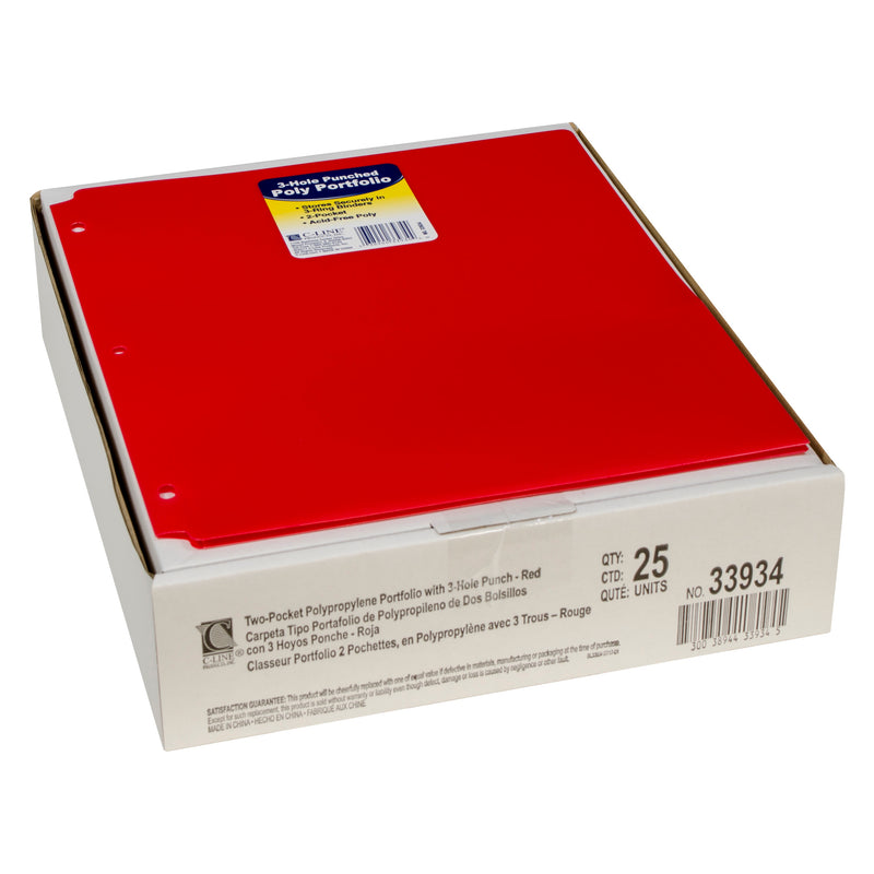 C-Line® Two-Pocket Poly Portfolio with Three-Hole Punch, Red, 1EA, 25EA-BX