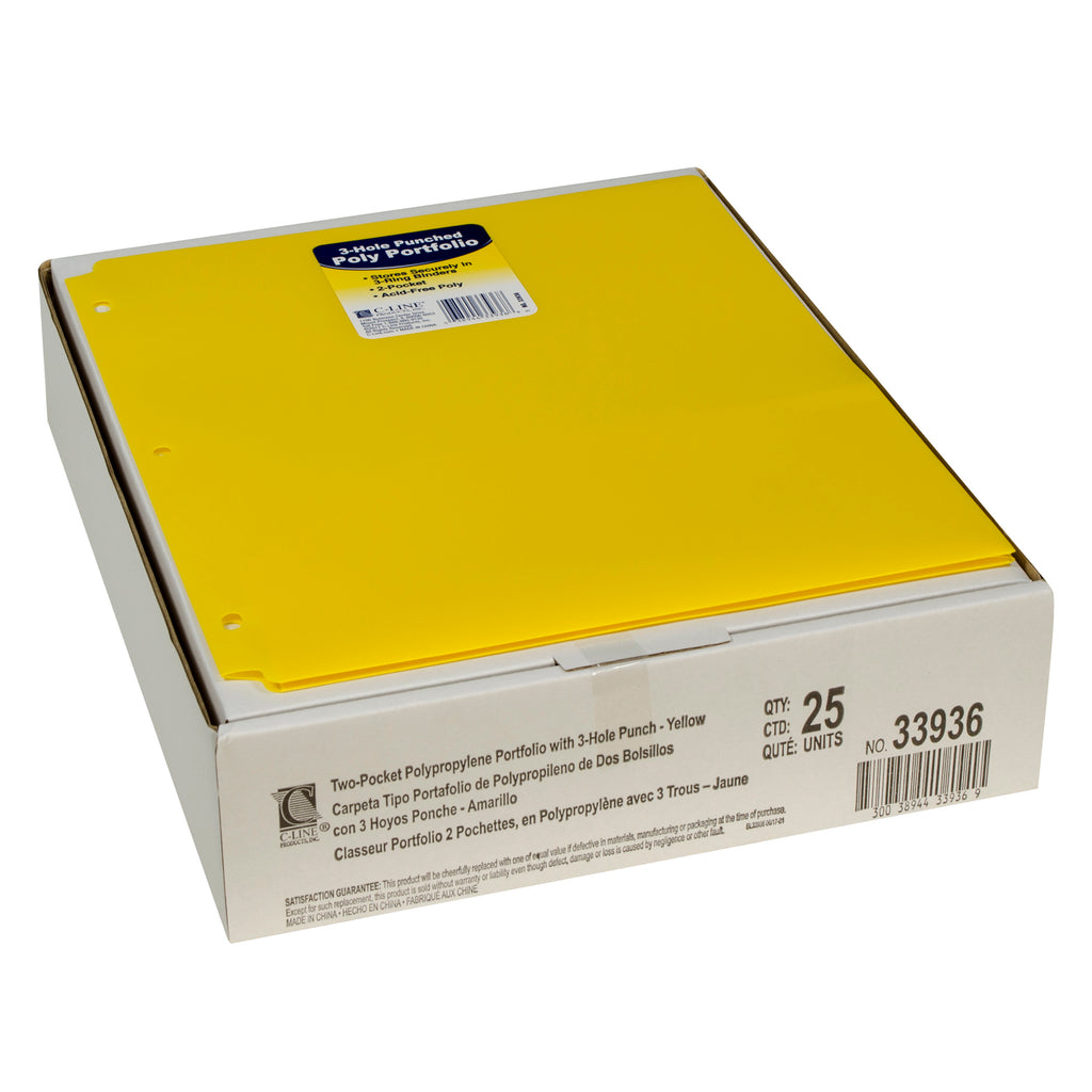 C-Line® Two-Pocket Poly Portfolio with Three-Hole Punch, Yellow