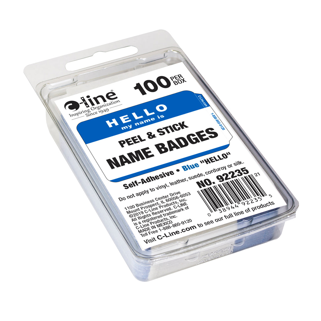 Pressure Sensitive Badges, Hello my name is, Blue, 3-1-2" x 2-1-4", Box of 100