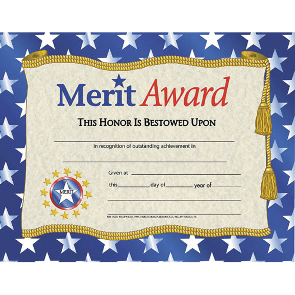 Certificates Merit Award 30-pk W- Stars 8.5 X 11