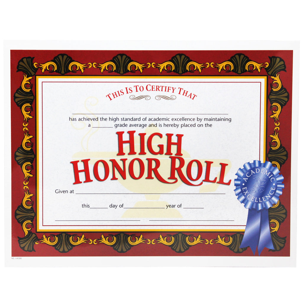 High Honor Roll Award 30-pk 8.5x11 Certificates