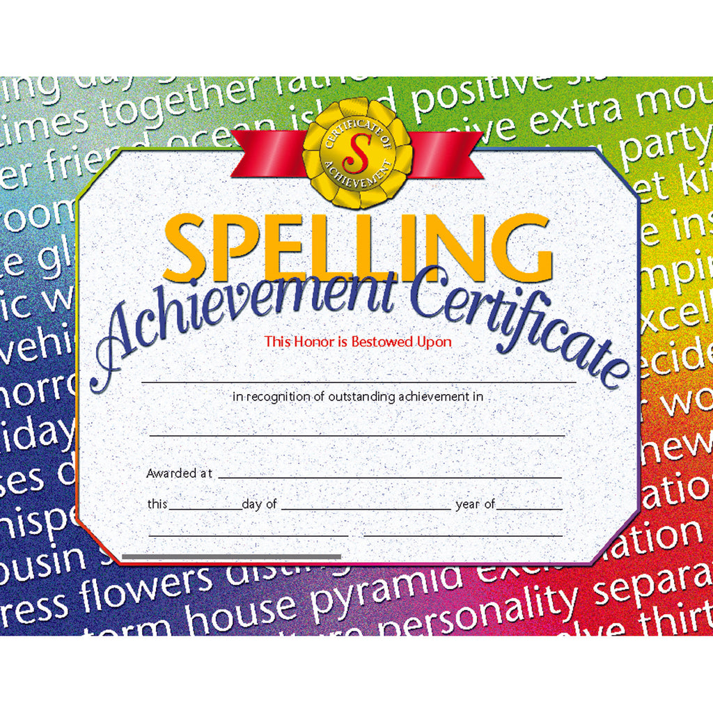Spelling Achievement 30-pk 8.5x11 Certificates Inkjet Laser