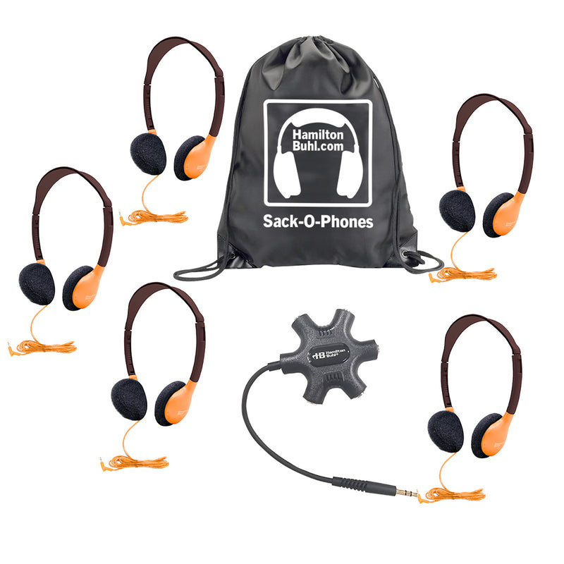 Galaxy™ Econo-Line of Sack-O-Phones with 5 Orange Personal-Sized Headphones, Starfish Jackbox and Carry Bag