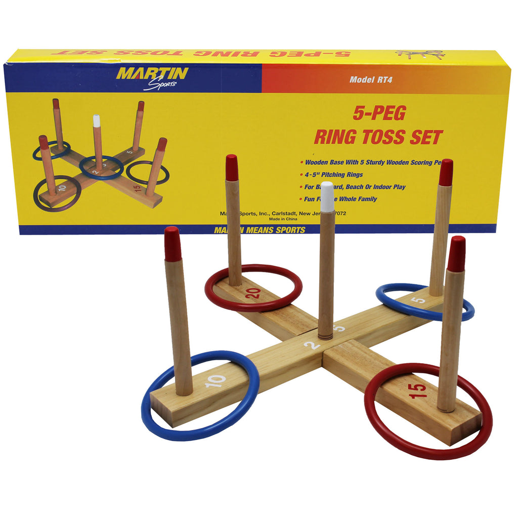 Ring Toss Game 5-peg Base Wood Pegs 4 Plastic Rings