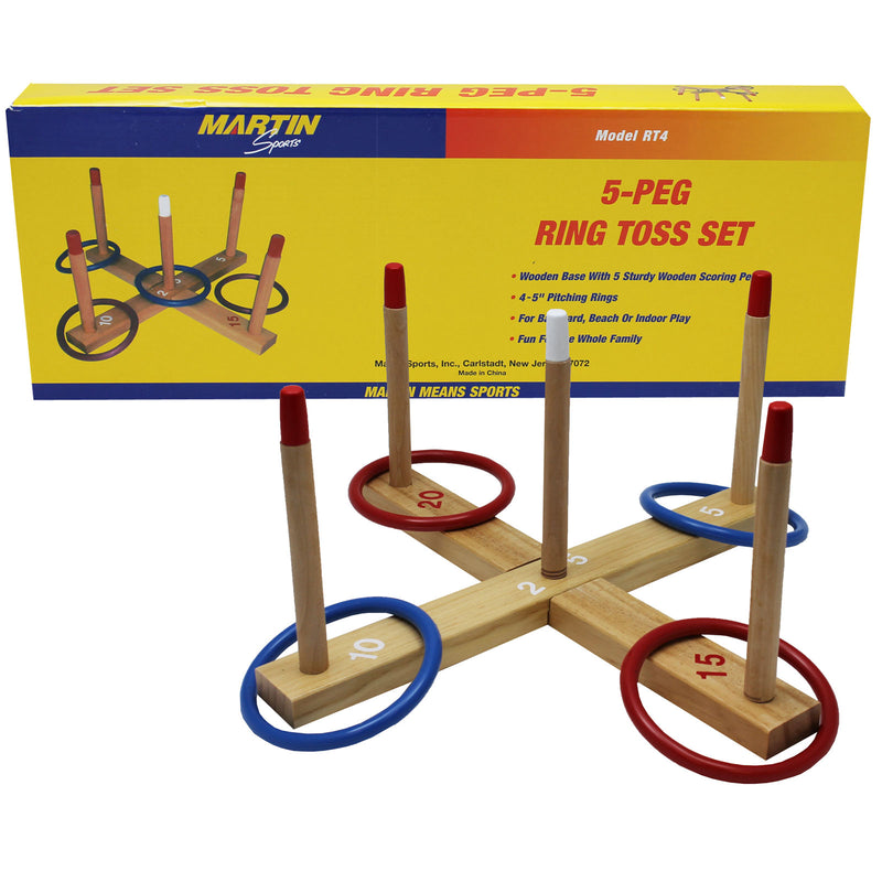 Ring Toss Game 5-peg Base Wood Pegs 4 Plastic Rings