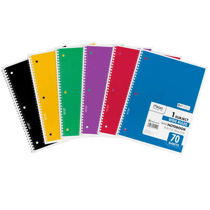 (6 Ea) Notebook Spiral Single Subject 70sht 10.5x8 Asst Colors