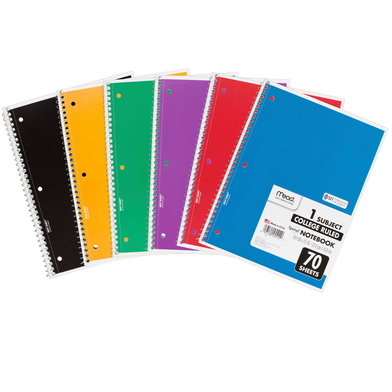 (6 Ea) Notebook Spiral Single 70sht Subject Asstd Colors