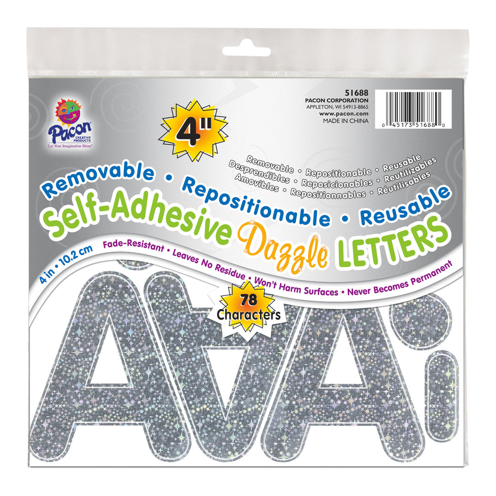 Letters Silvr Dazzle Puffy Font 4in Self Adhesive