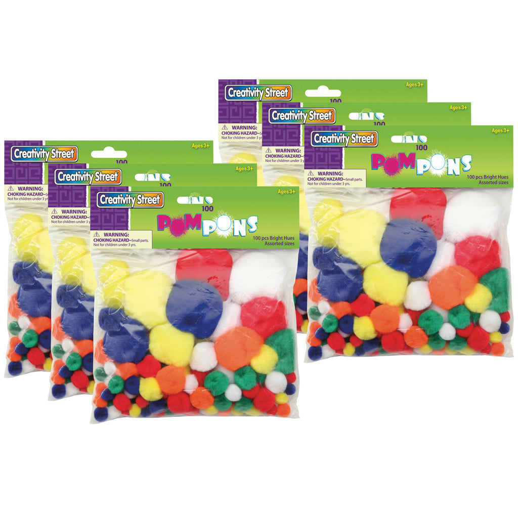 (6 Pk) Pom Pons Bright Hues Assrtd Sizes 100 Pieces