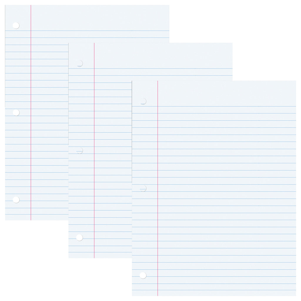 Filler Paper, White, 3-Hole Punched, Red Margin, 3/8" Ruled, 8" x 10.5", 200 Sheets Per Pack, 3 Packs