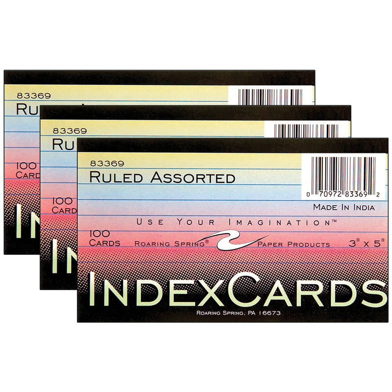 (3 Pk) Indx Cards 3x5 Ruled Assrtd Colors
