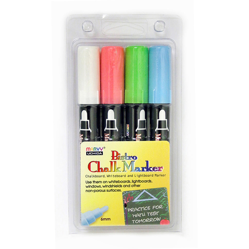 Bistro Chalk Markers Brd Tip 4 Clr Set White Fluorescent Pink Blue Grn