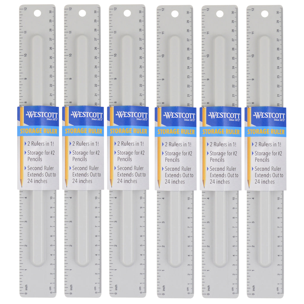 2-Piece 12" Ruler with Pencil Storage, Pack of 6