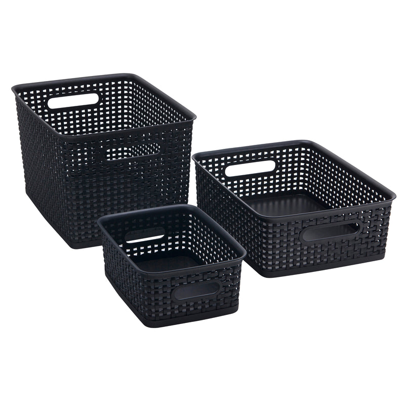 Plastic Weave Bin, Small, Black, Pack of 3