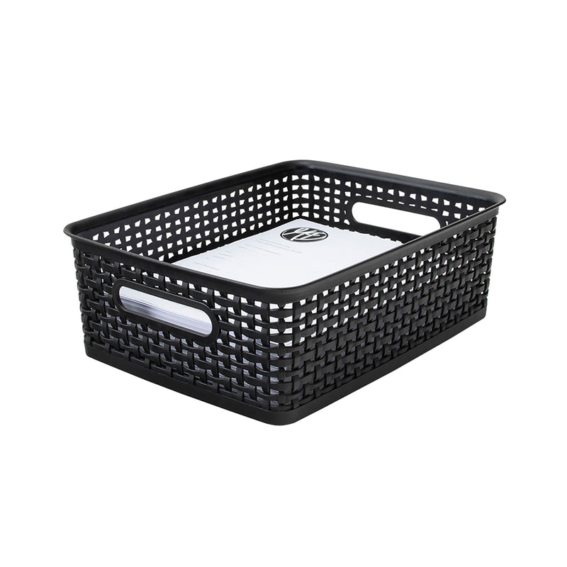 Plastic Weave Bin, Medium, Black, Pack of 3