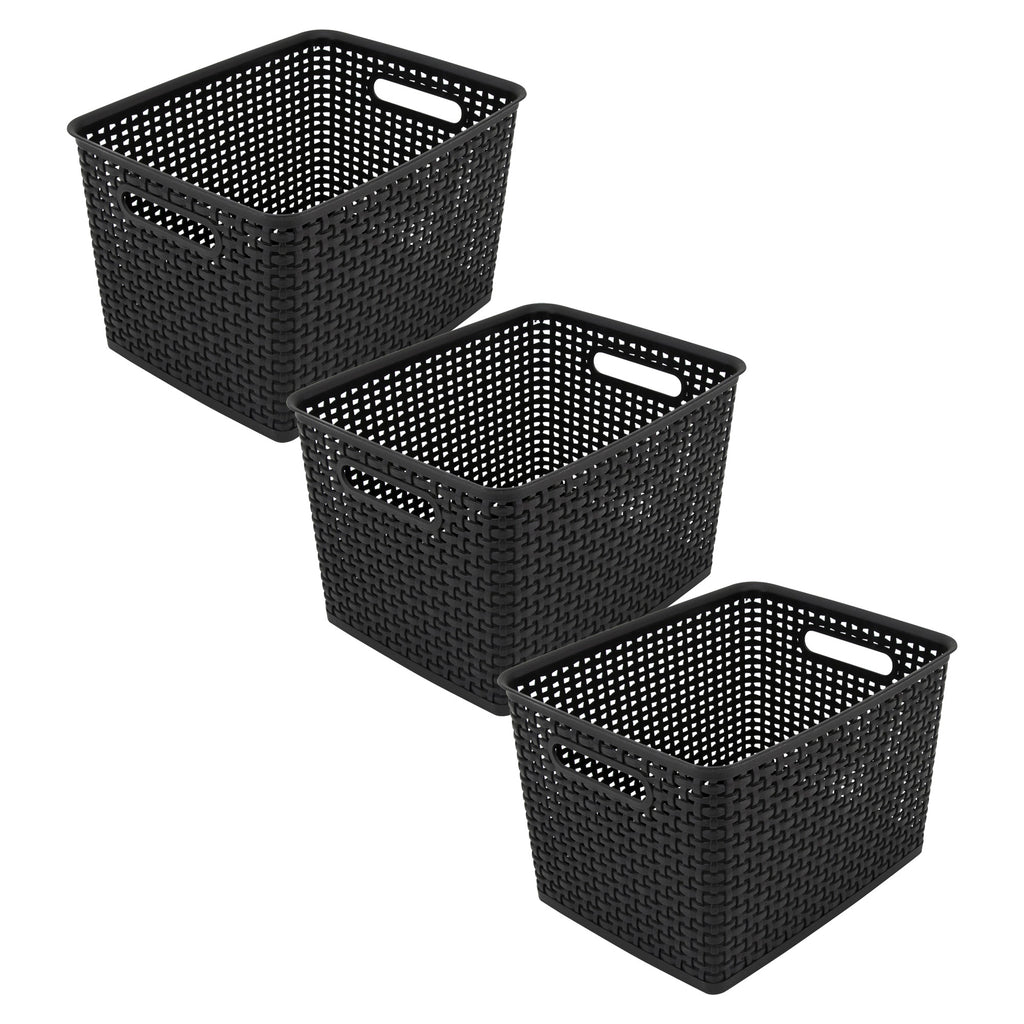 Plastic Weave Bin, Large, Black, Pack of 3