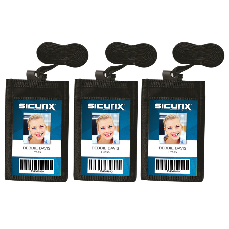 ID Neck Pouch Badge Holder, Vertical, Adjustable Cord, 4" x 2-1/4" Insert, Black, Pack of 3