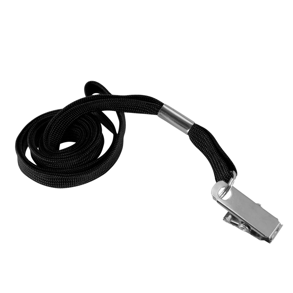 Flat Lanyard with Bulldog Clip, Black, Pack of 100