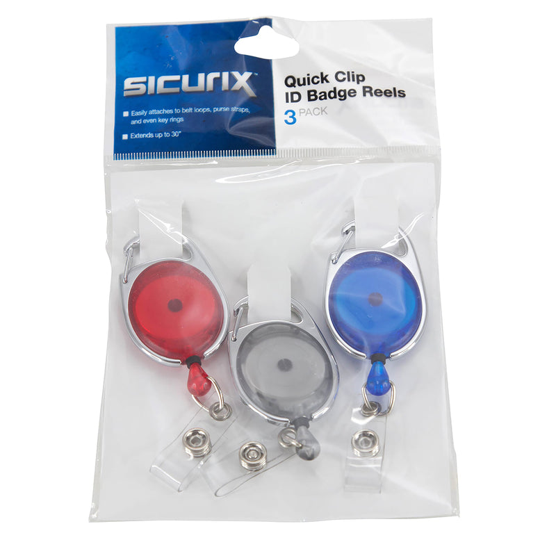 Quick Clip Oval ID Badge Reel, Red, Blue, Smoke, 3 Per Pack, 2 Packs